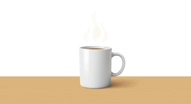 A steaming mug of coffee rests on a wooden surface smoke rising