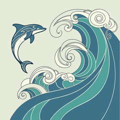 Illustration of a dolphin leaping out of stylized ocean waves with swirling crests and a light background