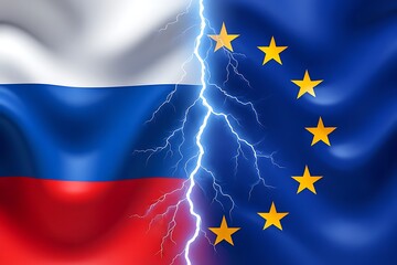 Russian and european union flags torn apart by lightning strike
