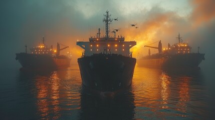 Majestic Cargo Ships Docked Amidst Misty Sunset and Dramatic Lights