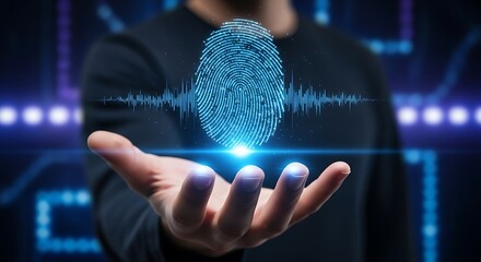 Futuristic digital fingerprint hovering over a hand, representing biometric security and personal data protection.

