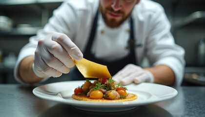 Chef garnishes plate with edible gold leaf. Luxurious touch to fine dining dish. Artistry in food preparation, presentation in kitchen. Meal with meat, vegetables, tomatoes.