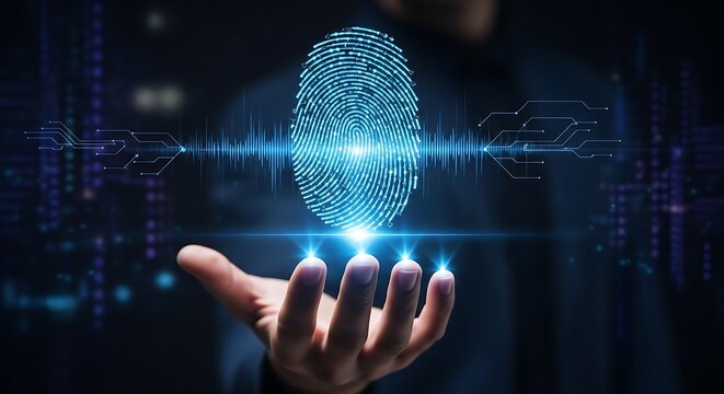 Futuristic digital fingerprint hovering over a hand, representing biometric security and personal data protection.

