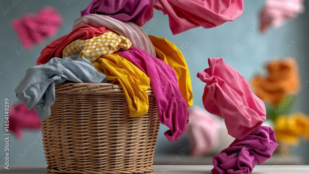 Poster colorful laundry pieces are dynamically flying out of a woven basket, showcasing vibrant textures an