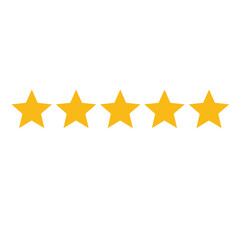 Five Golden Stars Rating on White Background Symbolizing Excellent Quality Service or Performance in Business and Customer Satisfaction Metrics