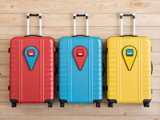 Red blue yellow luggage with location pins suitcase travel
