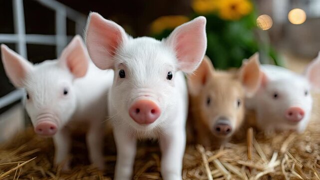 Cute piglets play in the barnyard surrounded by hay and colorful flowers during a sunny afternoon