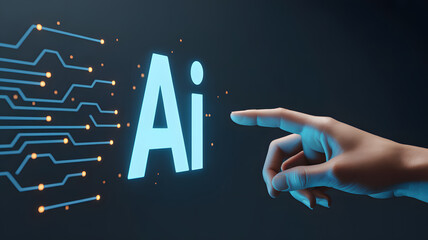 Human finger interacting with glowing AI technology interface concept