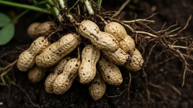 Freshly dug peanuts with roots and stems on dark soil, close-up