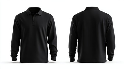 High definition photo of black long sleeve polo shirt mockup isolated on white background.