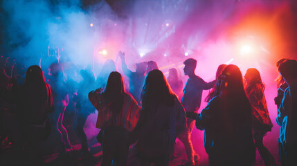 Energetic crowd dances under vibrant lights and smoky atmosphere, enjoying a lively night out at a social event. 