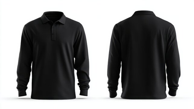 High definition photo of black long sleeve polo shirt mockup isolated on white background.