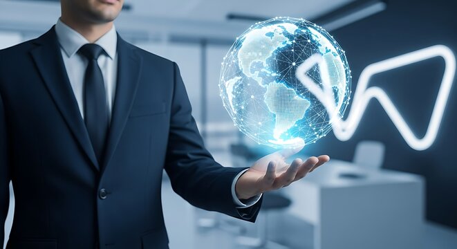 Confident businessman in a suit holding a glowing digital globe, symbolizing global technology and business connections.


