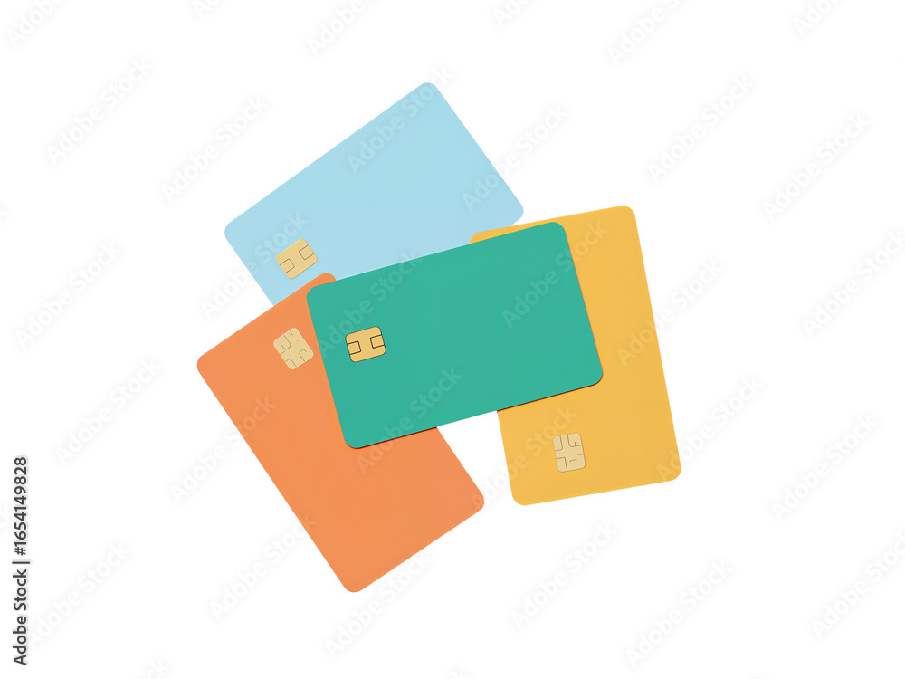 Poster floating multicolored credit cards symbolizing financial transactions on an isolated space