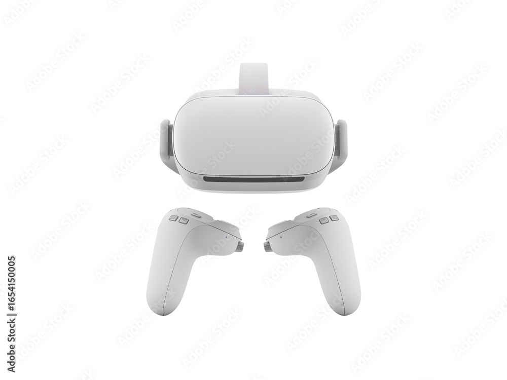Poster modern virtual reality headset and controllers on a transparent isolated background for immersive