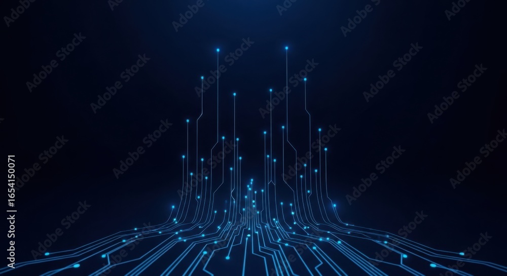 Poster abstract deep blue geometric network with light rays emerging from below