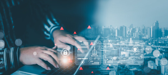 Cybersecurity interface concept. A person types on laptop while digital lock icons, password fields, and data protection graphics appear, highlighting online security threats in city environment.