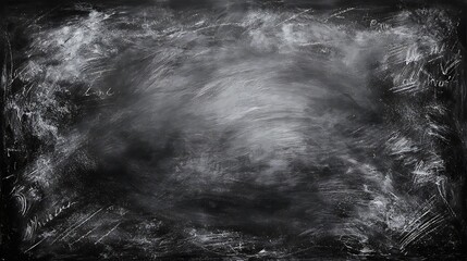 Dark black chalkboard texture background with erased chalk patterns and large central empty area, perfect for classroom, education, study, presentation, and teaching material mockups.