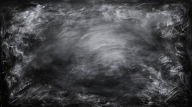 Dark black chalkboard texture background with erased chalk patterns and large central empty area, perfect for classroom, education, study, presentation, and teaching material mockups.