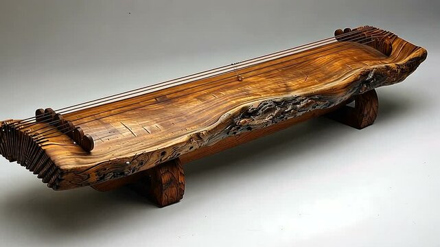 Beautiful handcrafted wooden zither with intricate design resting on a neutral background