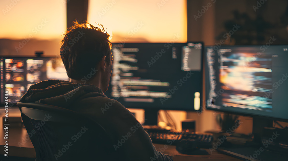 Poster focused coder works late at night in home office. the backlight from the setting sun illuminates his