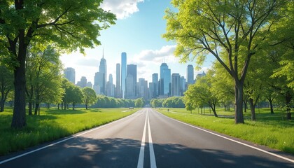 Fototapeta premium Straight road leads toward bright city skyline under clear blue sky. Rich green trees and manicured lawns flank sunny day scene. Modern downtown architecture with skyscrapers dominates background.
