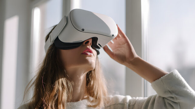 Experiencing immersive virtual reality with sleek, futuristic headset. Exploring new worlds and entertainment possibilities with advanced technology.