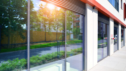 Panoramic windows of new commercial premises. Commercial property in development standard for rent.