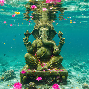 Underwater View of Ganesha Idol with Floating Flowers