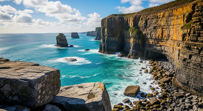 Spectacular, rugged coastal cliffs with a cave opening at the base, and large sea stacks in the turquoise ocean water