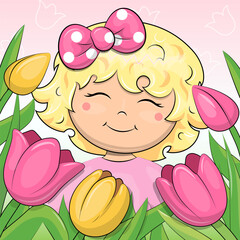 Cute cartoon Girl with yellow and pink tulips. Spring vector illustration of little woman with flowers on a pink background.