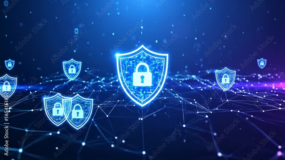 Poster digital security visualization: network shields, padlocks, and data protection concepts displayed