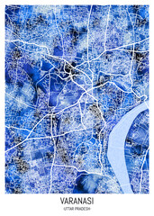 Varanasi Uttar Pradesh City Map, landmarks travel painting, print downtown cities, city panorama watercolor view abstract art, famous new design, trending modern destination