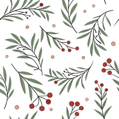 Vector art of festive winter foliage and berry pattern isolated on white background, perfect for holiday designs