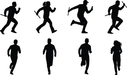 Vector silhouette set of relay race runners with batons in dynamic poses for sports, fitness, competition, and athletic design content