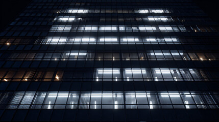 Building facade at night with city lights. 