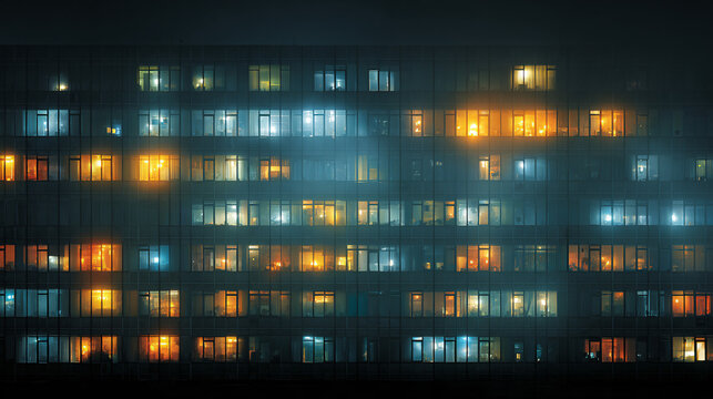 Building facade at night with city lights.  - Powered by Adobe