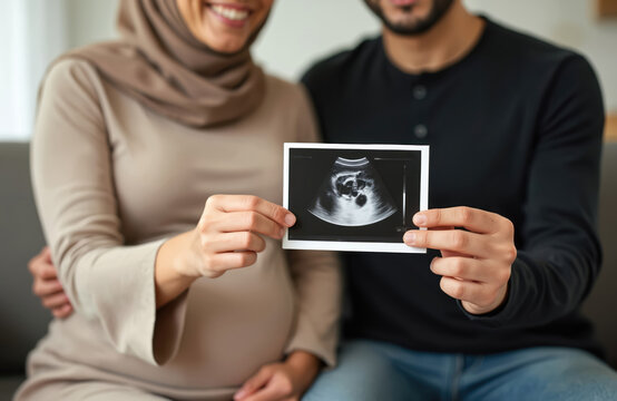 Young Arab couple smile holding baby sonography photo. Pregnant wife, husband in living room anticipate new life. Happy family bonding, waiting for baby arrival with love and excitement.