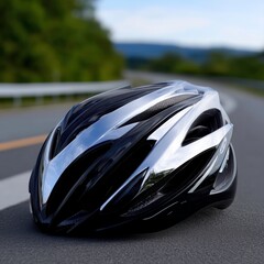 Fototapeta premium Close-Up of Modern Cyclist Helmet Reflecting Roadside Scenery