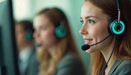 Young woman wearing headset, talking to clients in call center. Future of customer service, communication technology and AI integration in business. Pro operator at work.