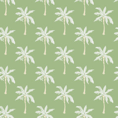 Sage green and white palm tree seamless pattern, hand-painted style exotic botanical wallpaper, repeating summer vacation island design, elegant coastal motif