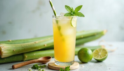 Fototapeta premium Refreshing sugarcane juice with ice, lime, mint served in tall glass. Fresh tropical beverage offers natural sweetness, perfect for summer refreshment, healthy lifestyle. Contains organic, vegan