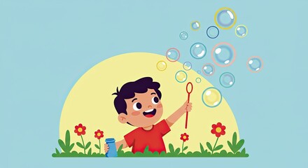Smiling Boy Blowing Colorful Bubbles in Light Blue Outdoor Scene