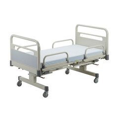 Hospital bed rail on wheels with a mattress in a clinical setting   
