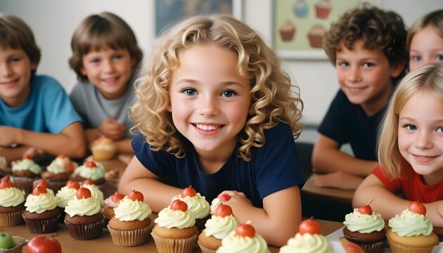 Happy children gather around cupcakes, enjoying a cheerful party filled with smiles and sweet treats.