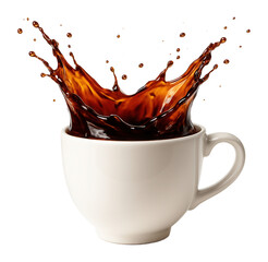 Coffee splashing out of a white cup against a dark background.