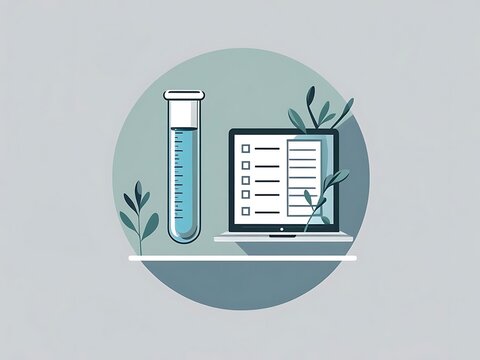 Science laboratory test tube and computer screen with data