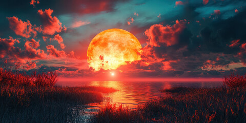 Surreal sunset with giant glowing moon over water