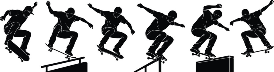 Skateboarding silhouette sequence of tricks with rails and platforms, dynamic skateboarder performing stunts, jumps, ollies, extreme sport vector illustration design © Moury Creatives