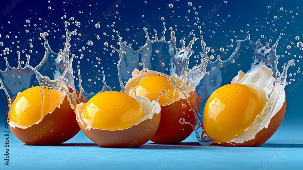 Aufkleber dynamic sequence of eggs splashing open, showcasing vibrant yolks and flying egg whites against a ri